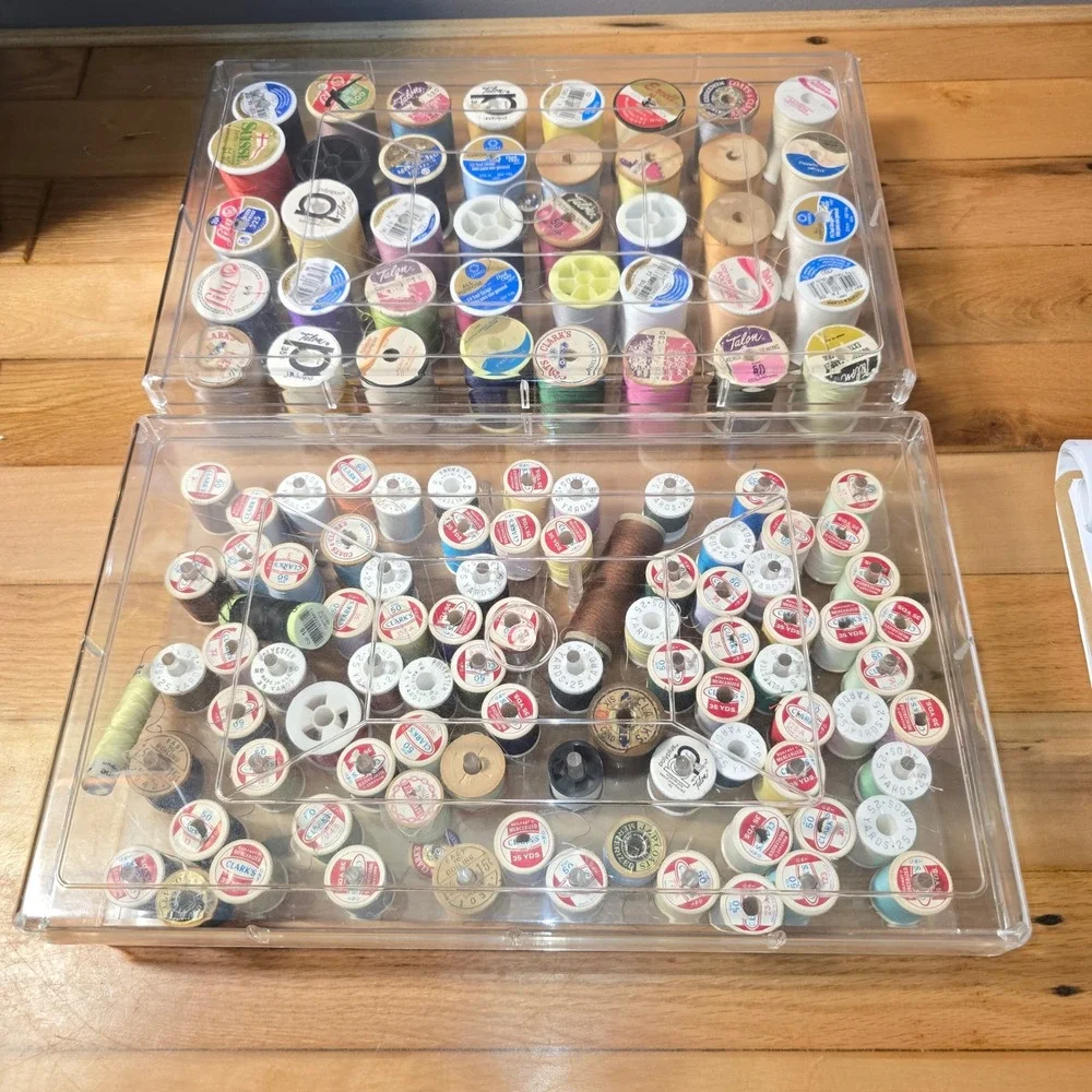 Vintage Sewing Thread Lot Wooden Plastic Spools Coats Clark Talon Lily 2 Cases